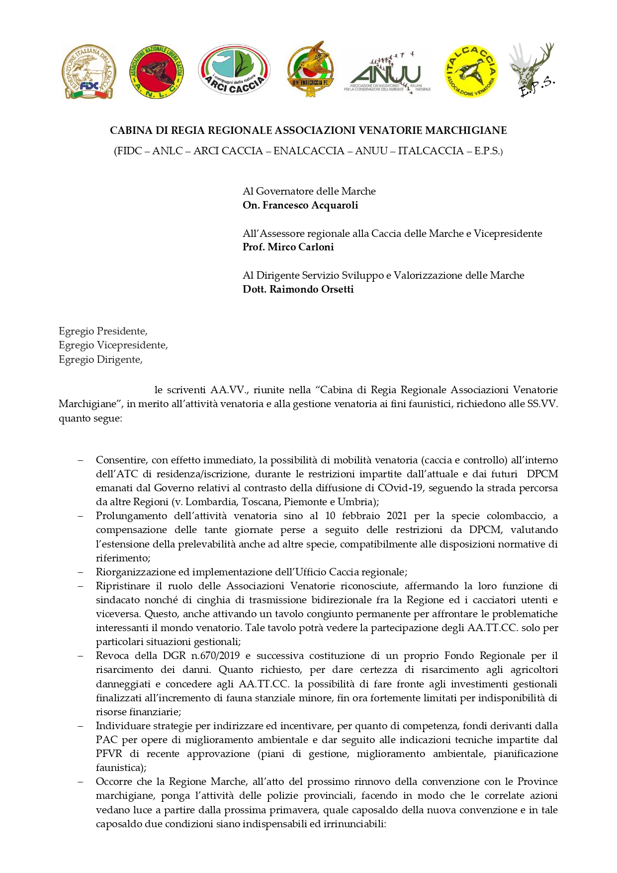 CABINA DI REGIA REGIONALE ASSOCIAZIONI VENATORIE MARCHIGIANE comunicazione Regione Marche gennaio 2021 page 0001