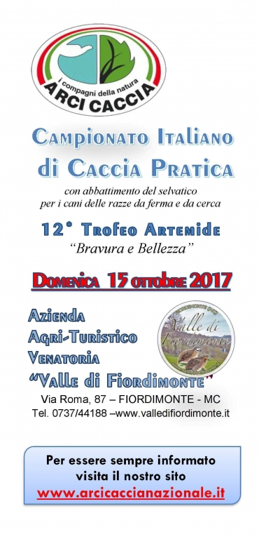 Domenica 15 Ottobre presso l’ATV Valle di Fiordimonte, si svolgerà il Campionato Italiano di Caccia Pratica dell&#039;Arci Caccia
