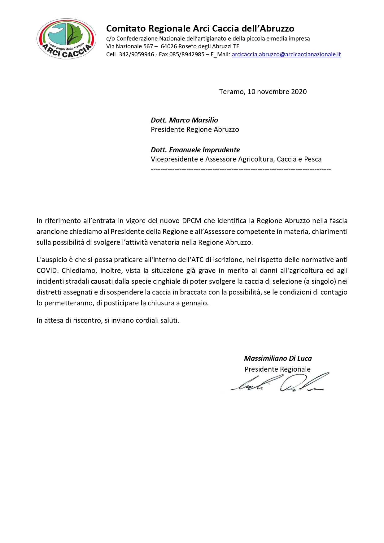 REGIONE ABRUZZO RICHIESTA CHIARIMENTI SVOLGIMENTO ATTIVITA VENATORIA page 0001
