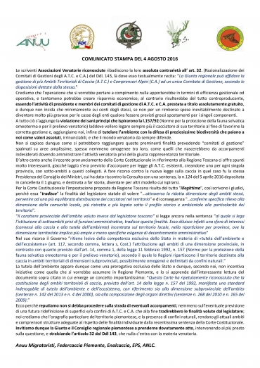 COMITATI GESTIONE ATC E CA: LE AAVV PIEMONTESI DICONO DI NO