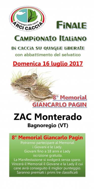 Arci Caccia: Domenica 16 Luglio Finale Campionato Italiano su quaglie liberate