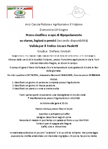 Arci Caccia Pistoia: Domenica 18 giugno prova cinofila a scopo di ripopolamento