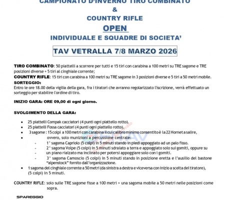 Il 7-8 Marzo a Vetralla il Campionato Invernale di Tiro Combinato e Country Rifle Fitav