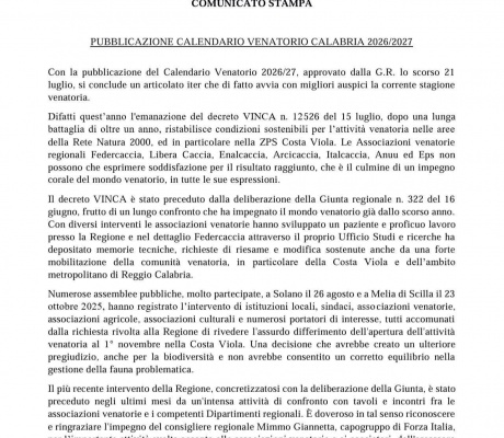 Calabria: le associazioni si dicono soddisfatte dopo la pubblicazione del Calendario Venatorio