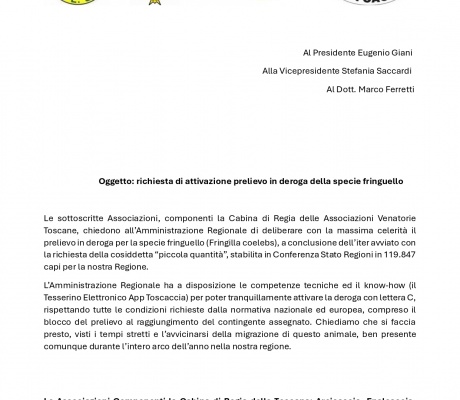 Toscana: la Cabina di Regia chiede alla Regione l'attivazione del prelievo in deroga del fringuello